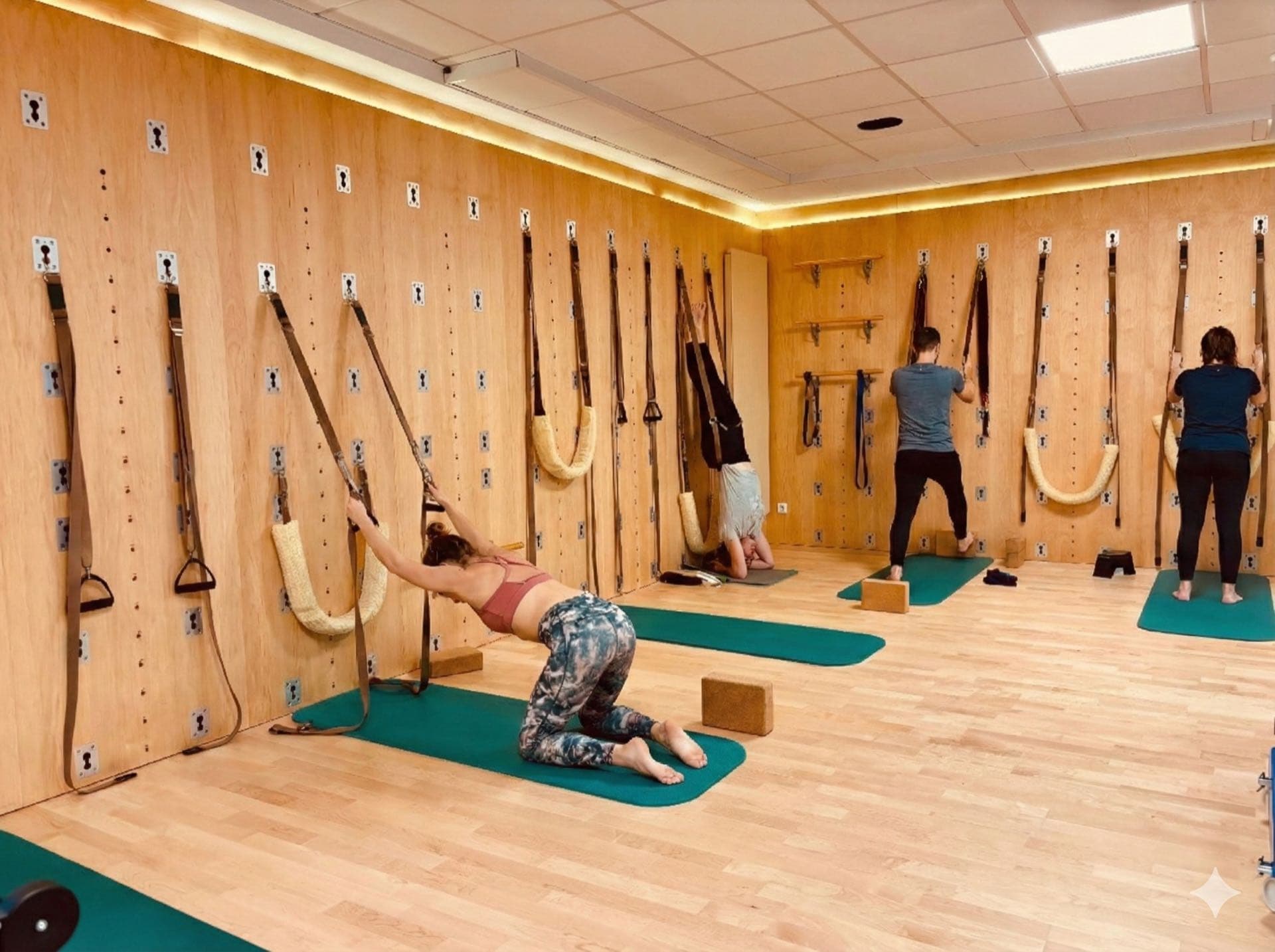 Yoga Wall Kurs mit Teilnehmern an Wandseilen und Yogablöcken bei fit & gesund Garrel